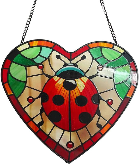 Ladybug Stained Glass Window Hanging, Heart Shape Glass Sun Catchers with Chain, Ladybugs Ornaments for Garden, Whimsigoth Decor Gifts for Woman, Men