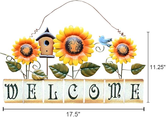 Sunflower Welcome Sign Metal Hanging Welcome Plaque for Wall Front Door - Decorative Flower Yard Signs Spring Wreath Decor for Garden Porch Patio Backyard (D)