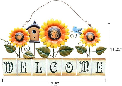 Sunflower Welcome Sign Metal Hanging Welcome Plaque for Wall Front Door - Decorative Flower Yard Signs Spring Wreath Decor for Garden Porch Patio Backyard (D)