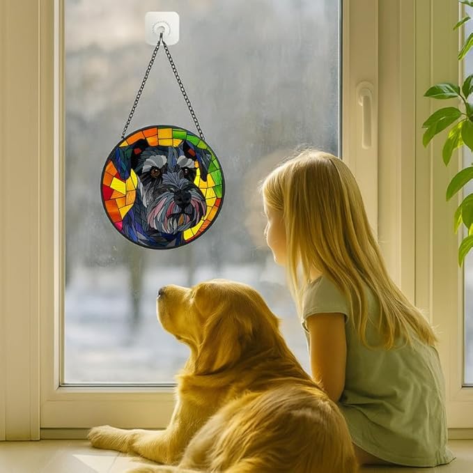 Stained Glass Window Hanging Schnauzer Dog， 7.8in Sun Catchers Panel for Indoor Decorative Display for Mom， Wife， Lovers， Festive