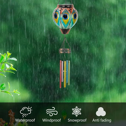 Starsoul Solar Wind Chimes for Outside, Peacock Hot Air Balloon with Flickering Flame Solar Wind Chime, Glass Windchimes Outdoors Garden Decor, Gift for Mother's Day Mom Grandma