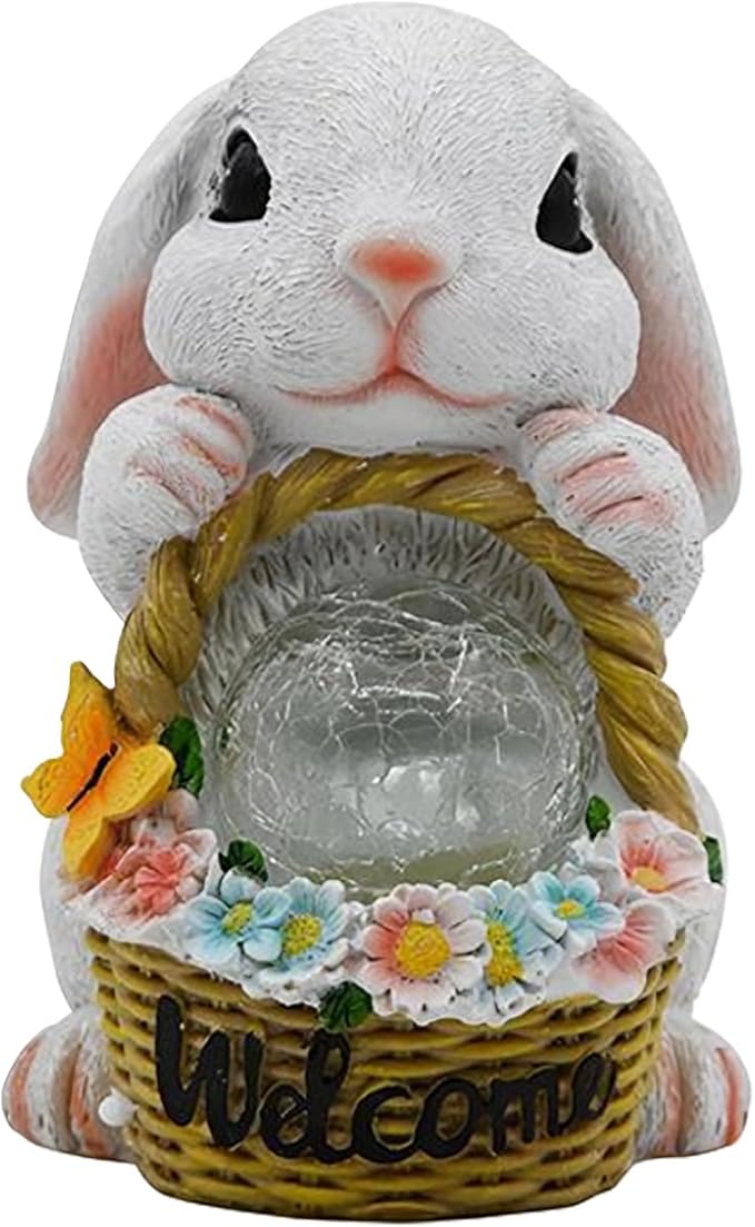 Solar Garden Outdoor Statues Rabbit with Flower Basket, Ideal Gift for Mom, Daddy, Cute Bunny Statue Decor for Lawn, Patio, Yard(White Rabbit)