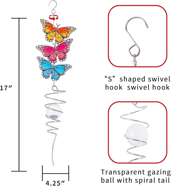 18" Wind Spinner Hanging Metal Figurine Spinner with Glass Ball for Garden Décor, Wind Sculptures & Spinners for Indoor Outdoor Garden Ornament, Butterfly, Mother's Day Gift