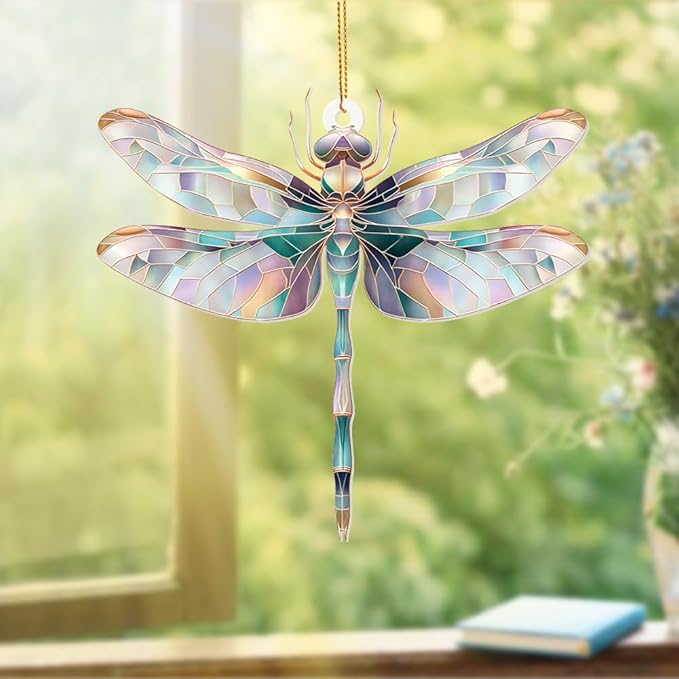 Dragonfly Ornament Stained Glass Style – Acrylic Window Hanging Suncatcher, Car Rearview Mirror Charm, Whimsical Holiday Christmas Tree Ornament, Unique Dragonfly Gifts for Women, Mom, Teacher(Sun-13)