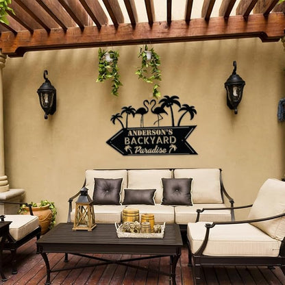 MeMate Personalized Outdoor Sign - Flamingo House Metal Sign for Porch Deck Backyard Patio Pool, Housewarming Gift