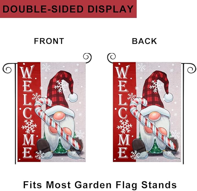 hogardeck Welcome Christmas Garden Flag, Gnome & Candy Polyester Outdoor Christmas Decorations, 12x18 Inch Vertical Double Sided Yard Flag, Snowflake Xmas Decor