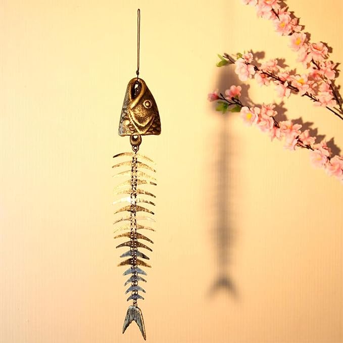 Fish Windchime Retro Fishbone Wind Chime Ornaments Vintage Metal Wind Bell Outdoor Soothing Melody for Garden Home Yard Porch Hanging Decor