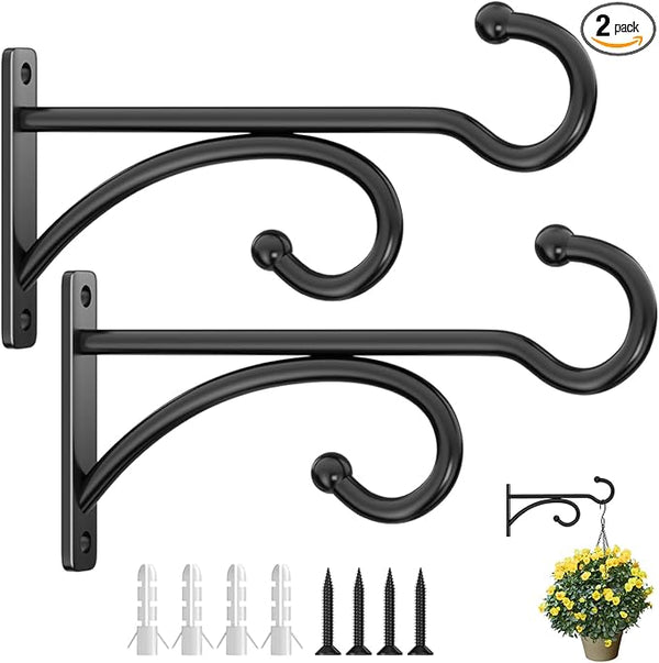 6" Plant Hanger Hooks Outdoor Indoor Planter Hooks, Wall Mounts for Hanging Plants, Baskets, Wind Chimes, Bird Feeders, Lanterns, Bird Houses (Black Metal, 2-Pack)
