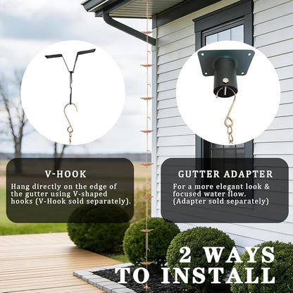 8.5FT Rain Chains with 10 Umbrella Rain Chain Cups, Rain Catcher for Gutters, Decorative Copper Rainwater Diverter Rain Chimes for Garden Decor, Replacement for Outside Gutter Downspouts in Spring