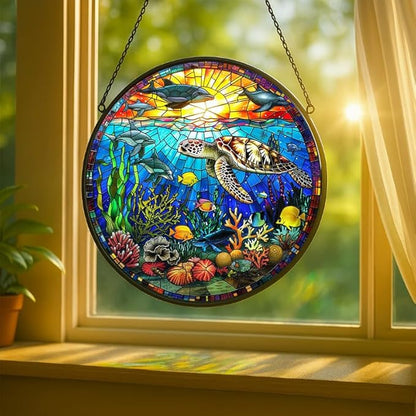 Stained Glass Window Hanging - Rainbow Colored Dragonfly in Floral Frame 6.3in Sun Catchers Indoor Stained Glass Panels Wall Decor for Mom Wife Lovers Festive