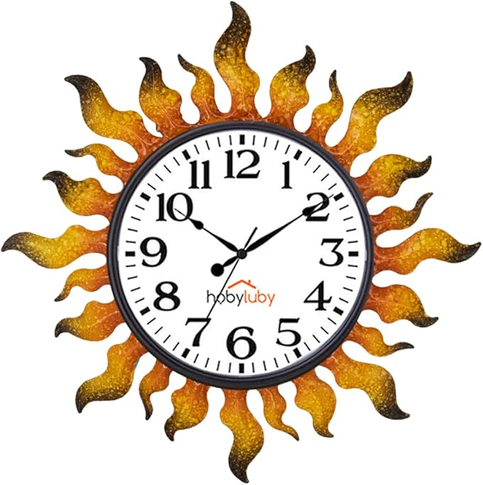 Outdoor Clock Silent Non-Ticking, 13" Sun Outdoor Wall Clock for Patio, Living Room, Home Decor（Gold）