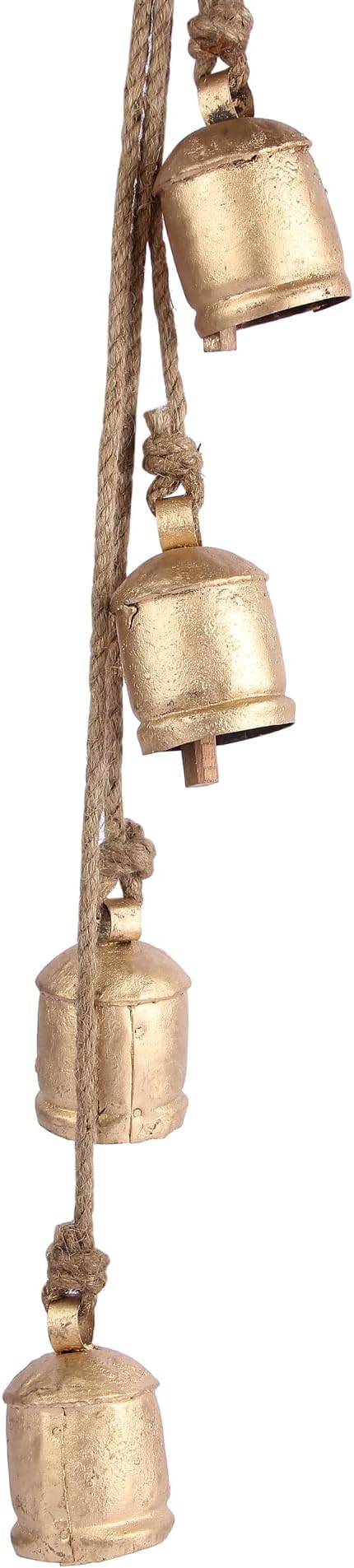 Decorative Cow Bell, 29" Hanging Bells Chime, Rustic Antique Brass Finish Metal Bells with Jute Rope, Tibetan Inspired Farmhouse Vintage Cascading Bell's for Indoor, Outdoor Patio, Garden & Wall Decor