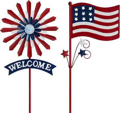 A ANLEOLIFE Decorative Garden Stakes for Outside, Metal Garden Decor Rustic American Flag and Welcome Sign, Yard Stakes Indoor & Outdoor Patio Lawn