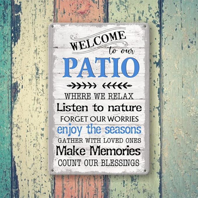 Funny Patio Metal Tin Sign Patio Wall Decor Welcome To Our Patio Signs Outdoor Welcome To Our Porch Backyard Sign Outdoor Decorations Funny Home Patio Gifts Personalized Farmhouse Patio Decor 8x12 In