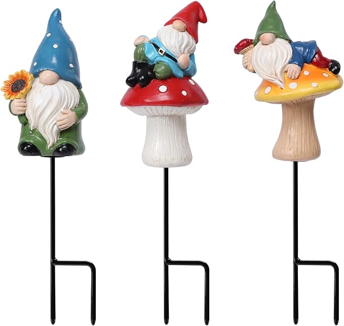 Garden Gnome Statue, Resin Miniature Gnome Set of 3PCS, Figurine with Garden Stakes for Lawn Patio Yard Outdoor Home Decor