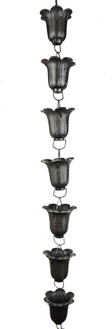 NACH Heavy Duty Cast Iron Tulip Rain Chain, Decorative Rain Chains for Gutter, Downspout, Outside Drain, 96" (8 ft), Antique Black, JS-RNC004
