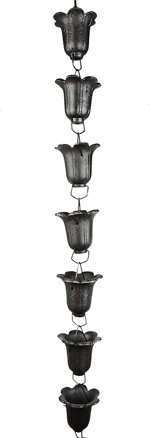 NACH Heavy Duty Cast Iron Tulip Rain Chain, Decorative Rain Chains for Gutter, Downspout, Outside Drain, 96" (8 ft), Antique Black, JS-RNC004