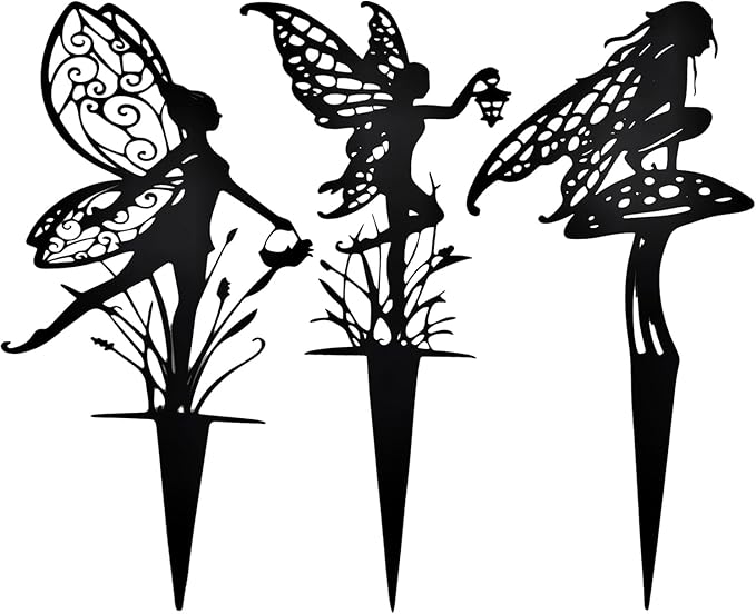 Tipmant Metal Iron Art Decoration Flower Fairy Silhouette Decorative Stakes Statues Ornament Crafts for Outdoor Gardens, Yard, Courtyards, Parks, Lawns, Potted Plants, Corridors etc. – 3 Pack