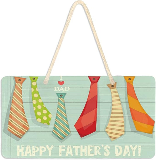 ALAZA Happy Father's Day Color Tie Wood Sign Wall Art Hanging Rustic Plaque Board Decor for Home Front Door Farmhouse Porch Garden Yard Sign 6"x11"