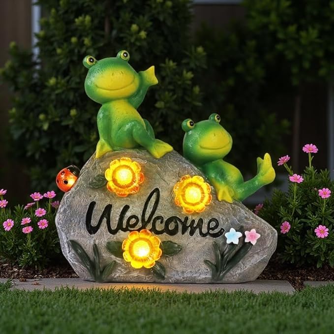 Generic Solar Garden Outdoor Statues Solar Frog Garden Decor Lawn Decor Frog Figurine for Patio with 4 LED Light Cute Frog Face with Solar Lights Gardening Gifts for Mom, Green