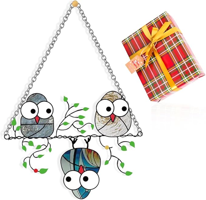 Gift Wrapped for Zayookey Multicolor Owls Window Hanging Suncatchers Panel Bird Stained Window Hangings Ornament for Wall Home Garden Decor Gift