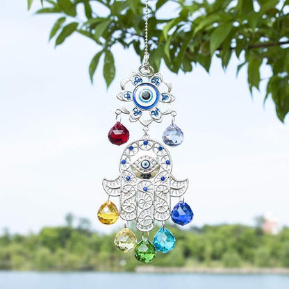 Hamsa Hand with Blue Evil Eye Protection Hanging Crystal Ornament with Chakra Energy Crystal Balls