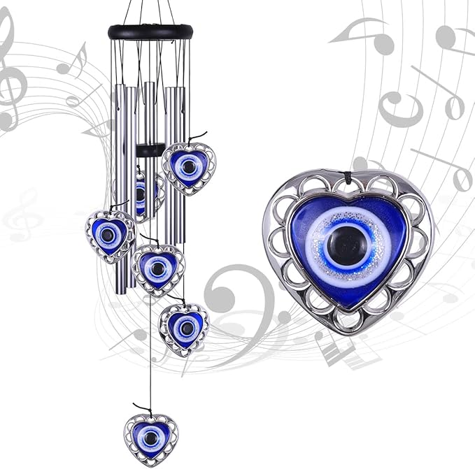 Blue Evil Eye Heart-Shaped Wind Chimes Outdoor Decor, Mobile Evil Eye Windcatcher, Heart Evil Eye Wind Bells, Blue Evil Eye Amulet Wind Chimes for Home, Gift for Mom, Balcony, Patio, Garden Decoration