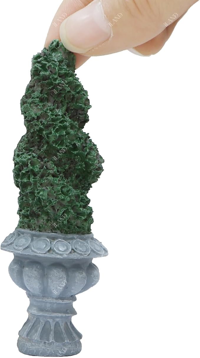 iland 1/12 Scale Fairy Garden Accessories Outdoor Mini Water Fountain & 2 Topiary Twist Trees in Pots Mini Ornaments for Garden Dollhouse Décor Dollhouse Accessories Miniatures