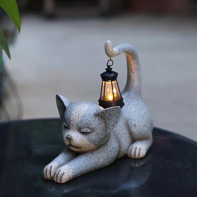 Solar Garden Statue, Cute Resin Animal Figurine with Solar Lantern Outdoor Decor for Patio Lawn Yard Pathway, Unique Housewarming Birthday Gift for Mom and Grandma (Cat)