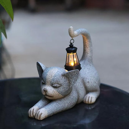 Solar Garden Statue, Cute Resin Animal Figurine with Solar Lantern Outdoor Decor for Patio Lawn Yard Pathway, Unique Housewarming Birthday Gift for Mom and Grandma (Cat)