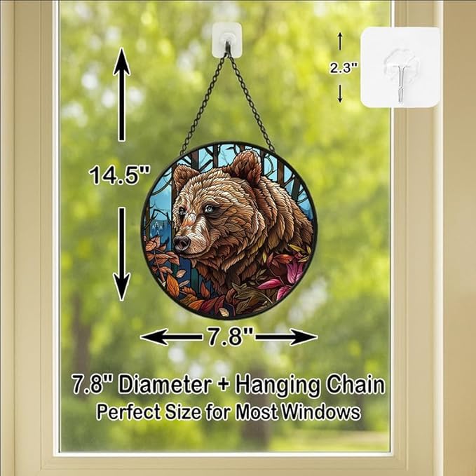 Stained Glass Window Hanging Bear with Leaves， 7.8in Sun Catchers Panel for Indoor Decorative Display for Mom， Wife， Lovers， Festive