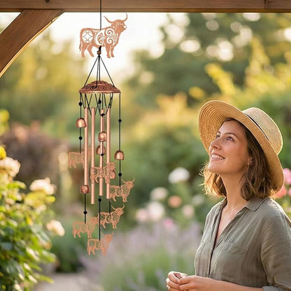 Highland Cow Style Metal Wind Chimes for Outside, Hanging Waterproof Aluminum Windchimes with Hook for Outdoor Garden Patio Porch Decor, 33“ Memorial Wind Chimes Friendship Gifts for Women