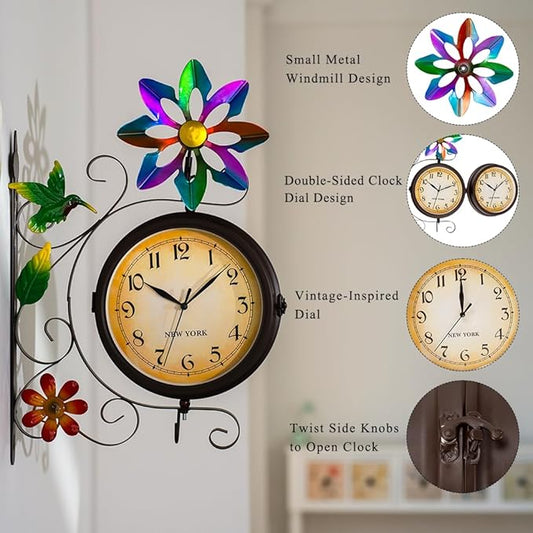 Vintage Indoor Outdoor Clock - Silent Non-Ticking, Double Sided Wall Clock with Windmill Decor Waterproof for Garden, Patio, Yard, Farmhouse, Home Décor (Colorful)