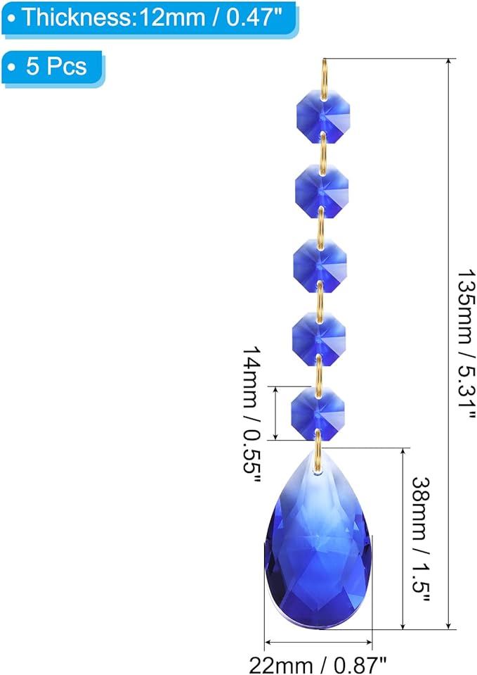 PATIKIL Teardrop Crystal Chandelier Pendants Beads, 5 Pack 135mm Length 38mm Chandelier Prisms Parts Ornaments Hanging Beads for DIY Arts Crafts Decoration, Blue