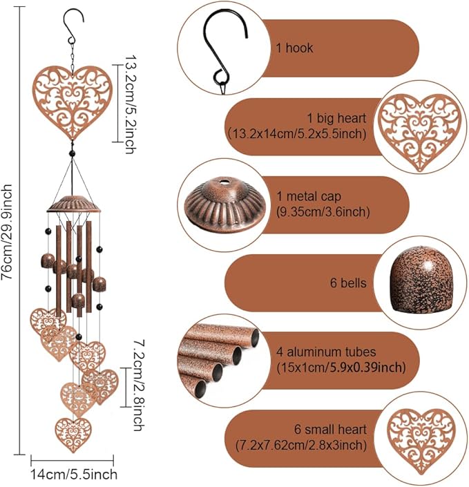 OLYCRAFT Heart Metal Wind Chimes Outdoors Wind Chime Sympathy Memorial Windchime Iron Windchime Memorial Presents Hanging Windbell for Patio Backyard Home Garden Pendant Decoration - 30 Inch