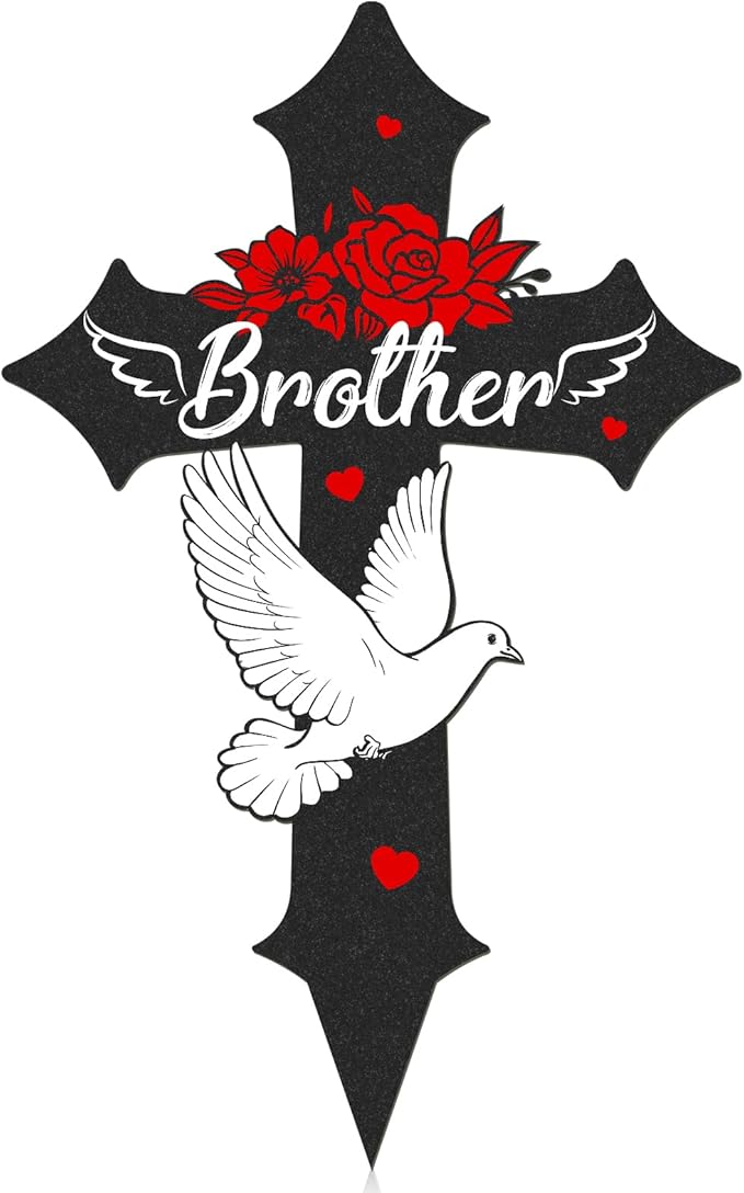 Rngmsi Cross Cemetery Decorations for Grave, Metal Sympathy Memorial Stakes for Loss of Brother Outdoors Yard Garden, Grave Markers for Cemetery for Brother (12 X 7.5 Inches)