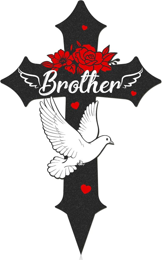 Rngmsi Cross Cemetery Decorations for Grave, Metal Sympathy Memorial Stakes for Loss of Brother Outdoors Yard Garden, Grave Markers for Cemetery for Brother (12 X 7.5 Inches)