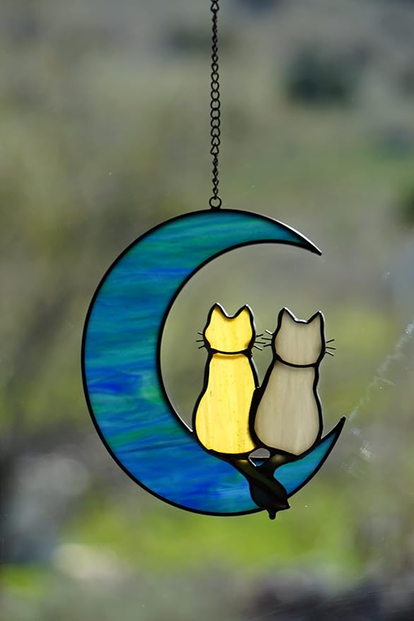 Cat Stained Glass Suncatcher – Cat on Moon Real Glass Window Hanging – Unique Modern Design Wall Art for Home or Garden Décor – Perfect Feline Lover Gift