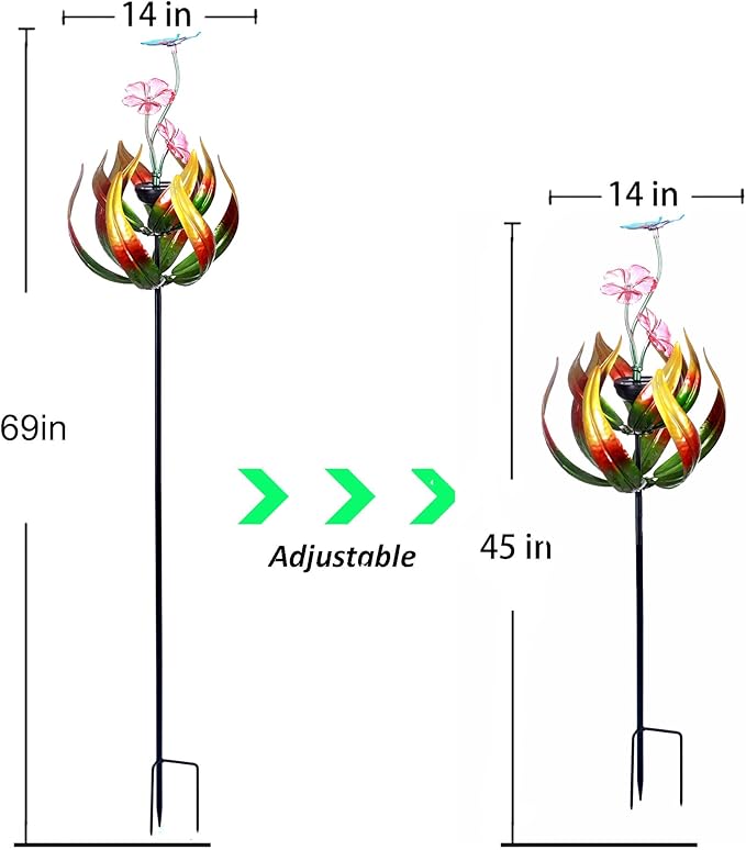 Solar Butterfly Tulips 69 Inch Wind Catcher for Yard Kinetic Wind Spinner with Garden Stake, 360 Swivel Butterfly Tulips Outdoor Wind Sculpture Spinners Metal Windmill-Kinetic Garden Decoration