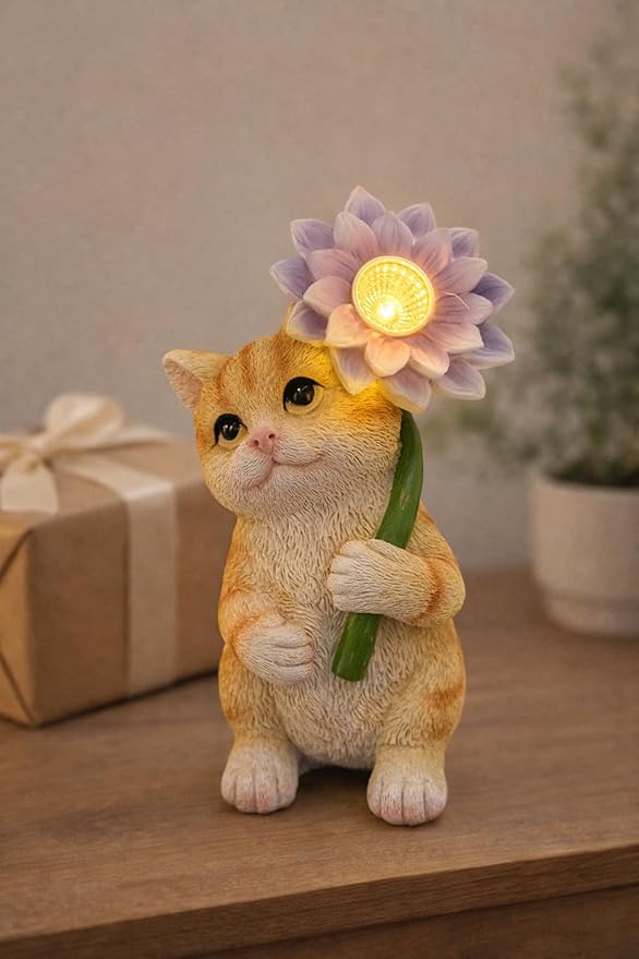 GoGnome Solar Cat Garden Statue with LED Flower for Mom Woman – 6.5‘’ Hand-Painted Resin Outdoor Kitten Figurine, Automatic Night Light, Yard Patio Lawn Decor (Kitten)