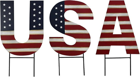 Linfevisi USA Yard Signs 16 Inch Metal American Star Patriotic Barn Stars Letter Garden Stakes US Flag Outdoor 4th of July Decorations Memorial Day Yard Art Lawn Ornaments Patio for Outside