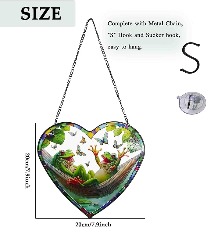 Stained Glass Window Hanging, Frogs on a Swing Sun Catcher for Indoor Outdoor Decor, Funny Frogs Theme Heart Shape Ornament Birthday Gift for Women, Men
