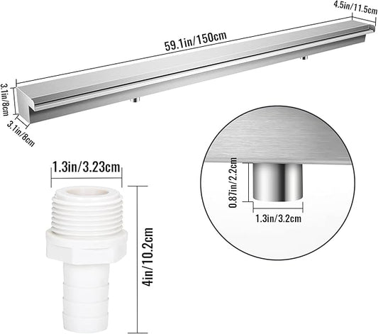 Pool Waterfall Fountains, Stainless Steel Rectangular Pool Waterfall Spillway with Pipe Connector for Indoor/Outdoor Decorative (59.1 Inch)
