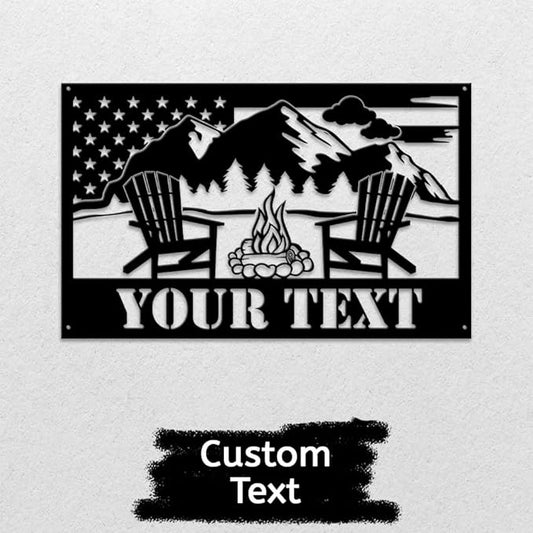 MeMate Outdoor Decor - US Flag Metal Sign with Mountain, Personalized for Backyard Porch Deck, Custom Name Signs for Garden Pool, Large for Outside, Housewarming Gift