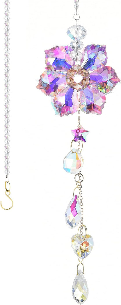 Crystal Flower Sun Catcher, Hanging Sunlight Catcher, Sun Catcher Crystals, Hanging Crystals for Decoration, Window Decoration, Birthday Gift (Pink)