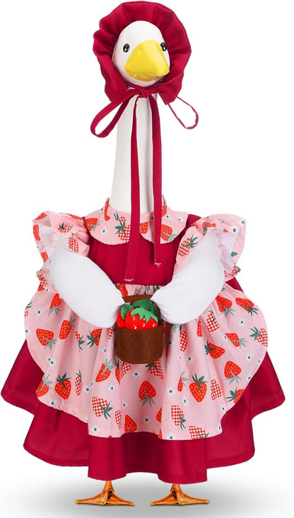 Abbylike Spring Porch Goose Outfit Strawberry Porch Goose Skirt Costume Clothes Fits Large 23'' Cement Statue for Summer Garden Outdoor Yard Lawn Patio Decorations