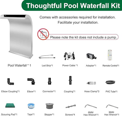 LONGRUN Waterfall Spillway Stainless Steel S-Shaped Pool Fountain, RF & APP Controled Colorful LED Light Pond Waterfalls for Indoor Outdoor Garden Rockery Koi Pond Swimming Pools-20 Height
