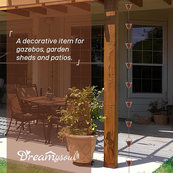 dreamysoul Copper Rain Chains for Outside, 10.43FT with 12 Cups Rain Catcher Chains for Downspout Gutters, Eaves Drainage