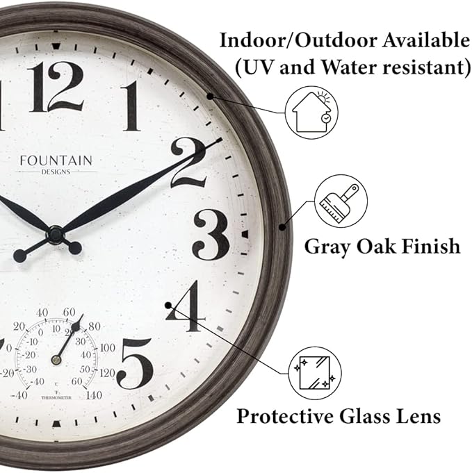13" Maison in/Outdoor Clock with Thermometer, 2 in One Weather Station - Gray Oak Finish (Weather Thermometer/Wall Decoration)