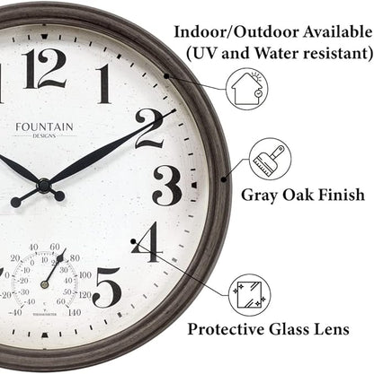 13" Maison in/Outdoor Clock with Thermometer, 2 in One Weather Station - Gray Oak Finish (Weather Thermometer/Wall Decoration)